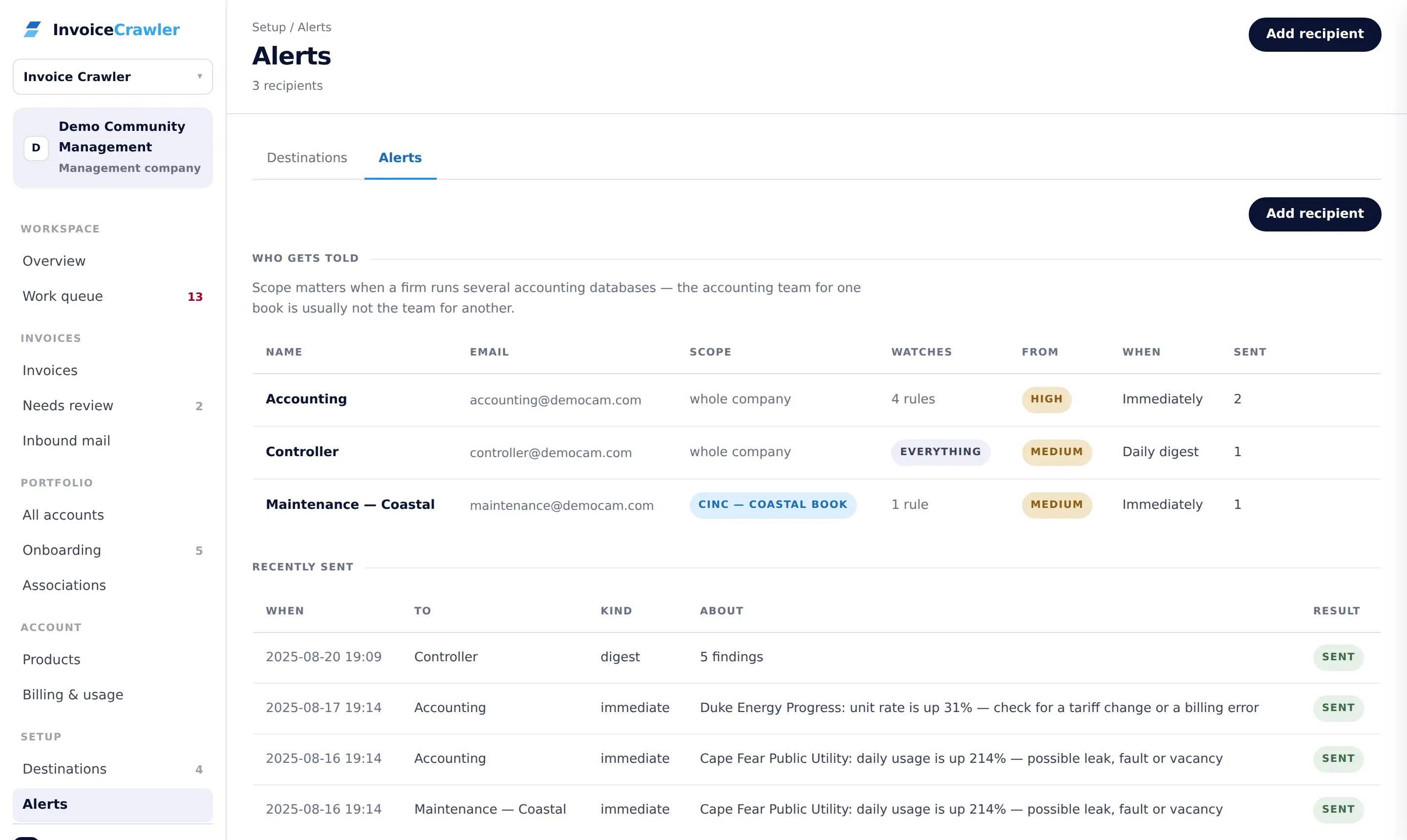 Alert recipients subscribed to specific billing rules, immediate or daily digest.