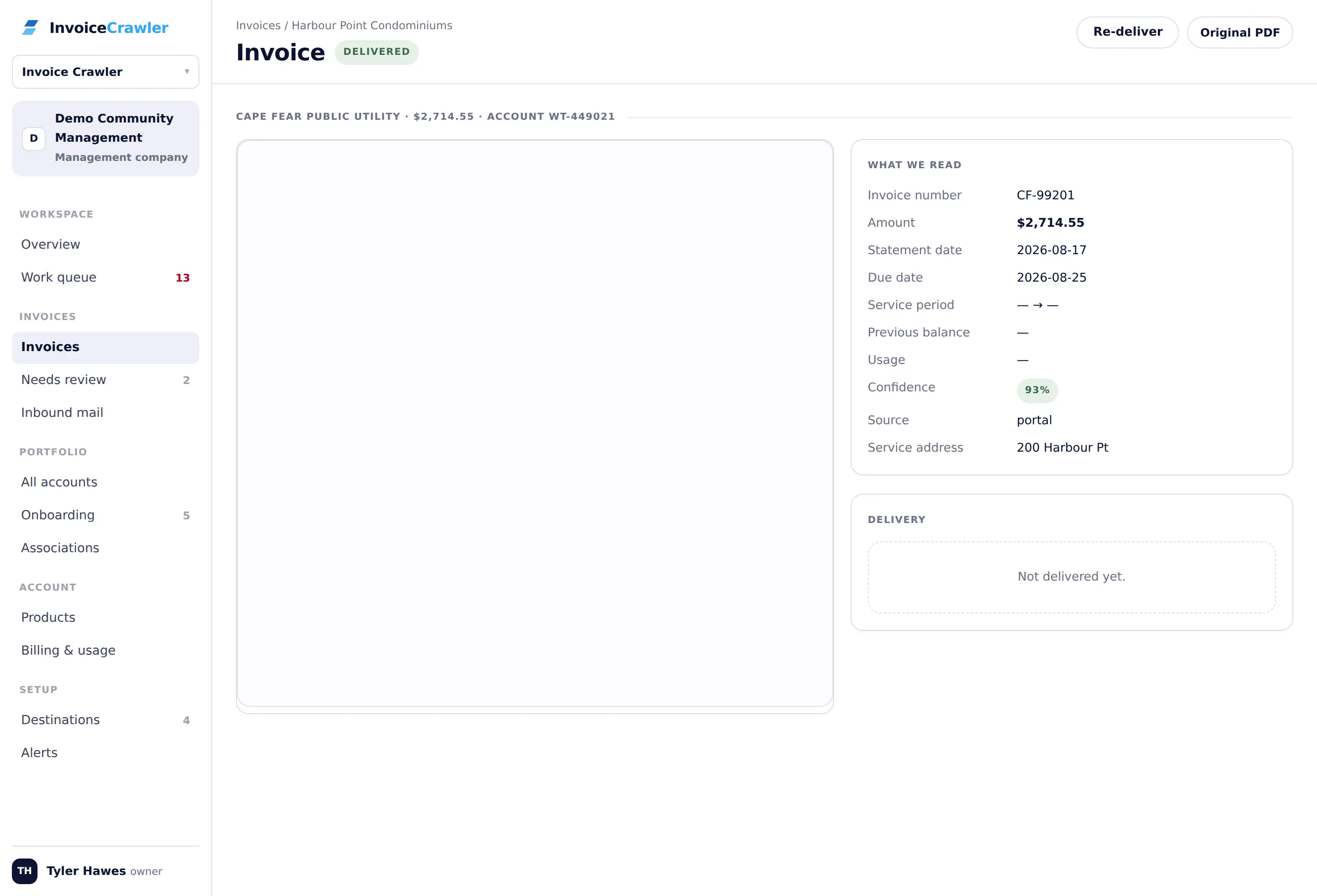 A single invoice: PDF beside the extracted fields, with every delivery attempt listed.