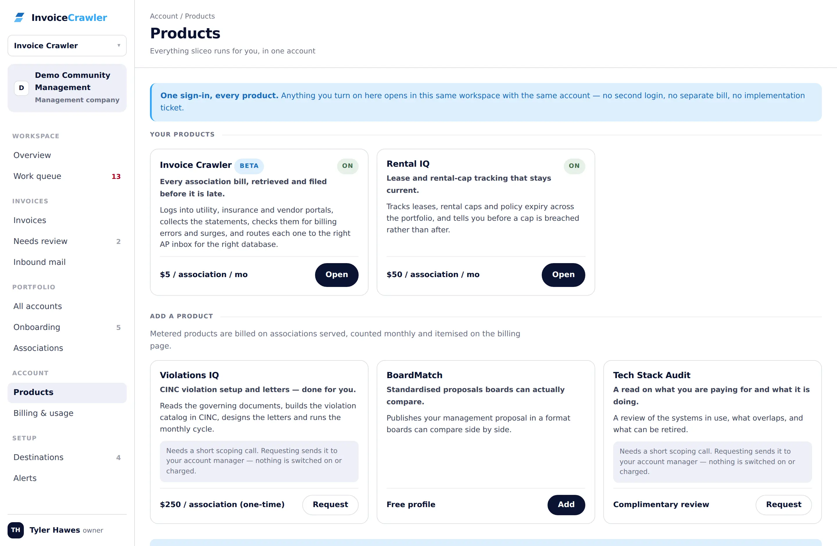 The products page: Invoice Crawler and Rental Tracker switched on, others available to add in one click.