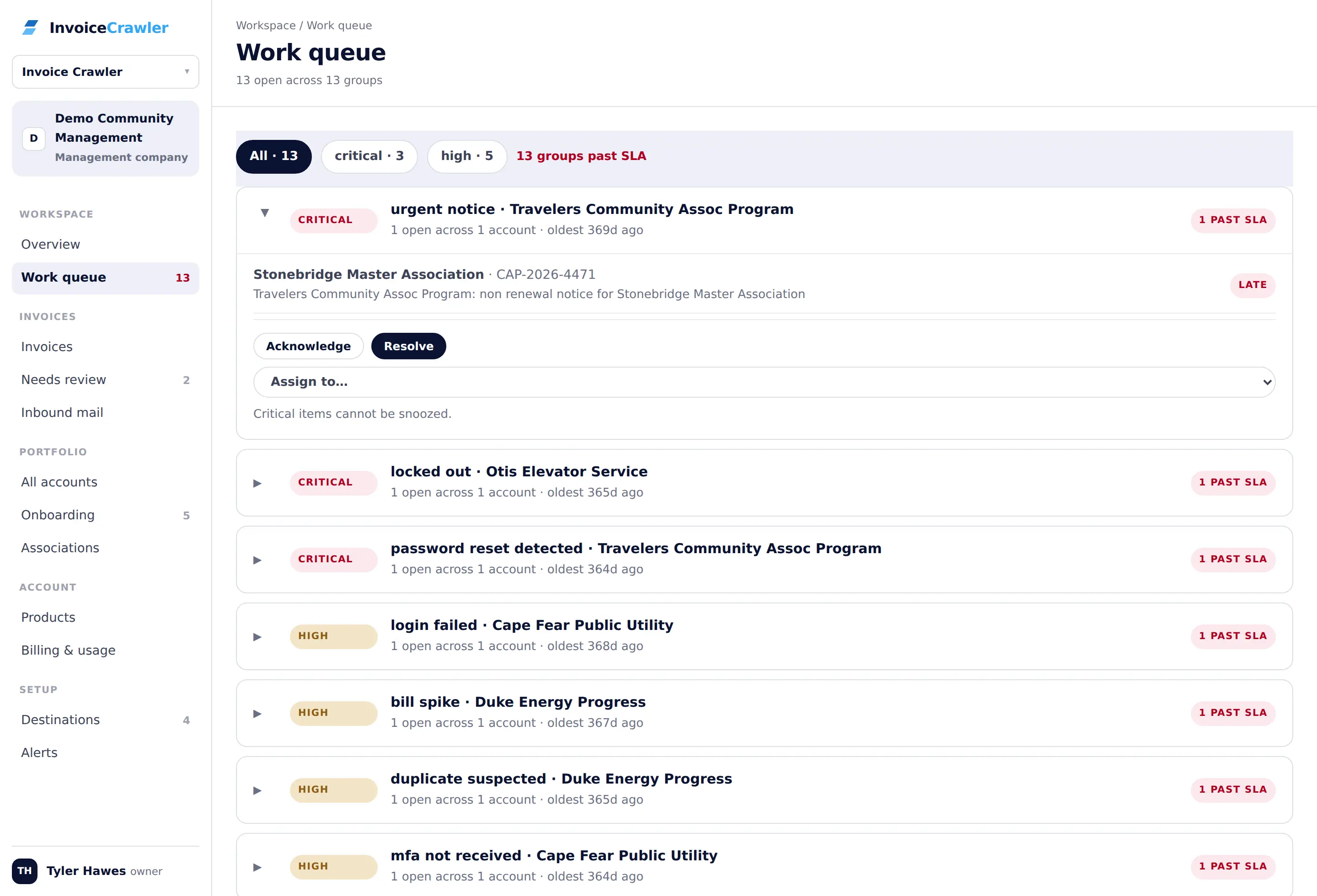 Work queue grouped by problem and vendor, with bulk acknowledge, resolve and snooze.