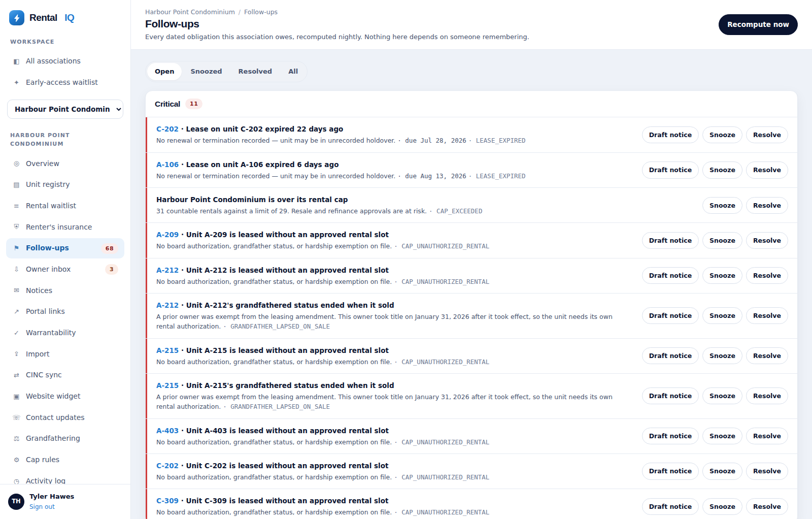 Rental Tracker follow-up queue with critical lease and cap findings