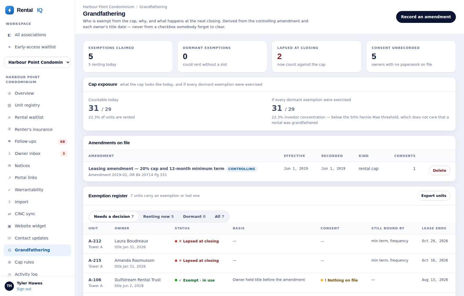 Rental Tracker exemption register showing which owners are grandfathered and why